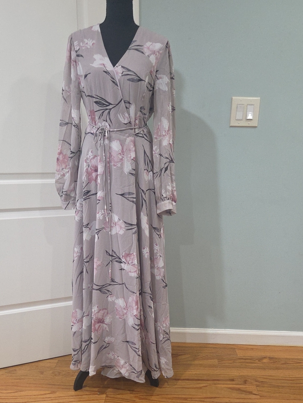 Floral Wrap Maxi Dress in Light Taupe with Pink Blooms